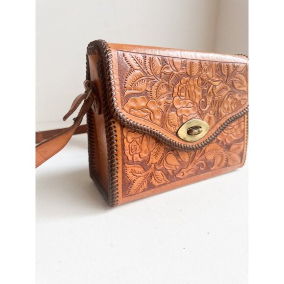 Vintage Leather Hand Tooled Floral Leaf Print Custom Made Structure Shoulder Bag - Picture 2 of 11